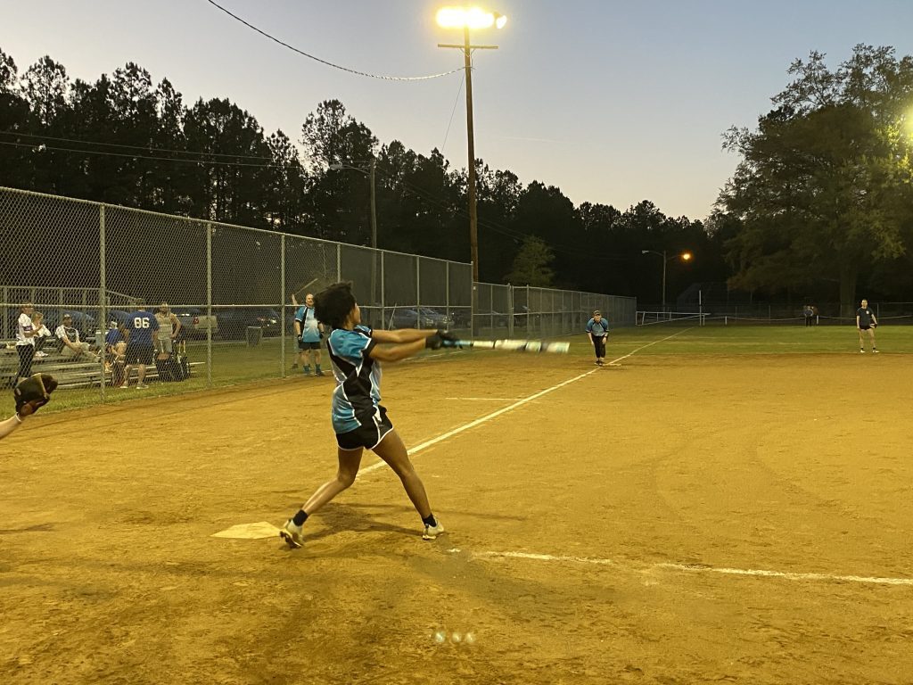 Shalita hitting a powerful shot to right, and eventually turning it into a triple