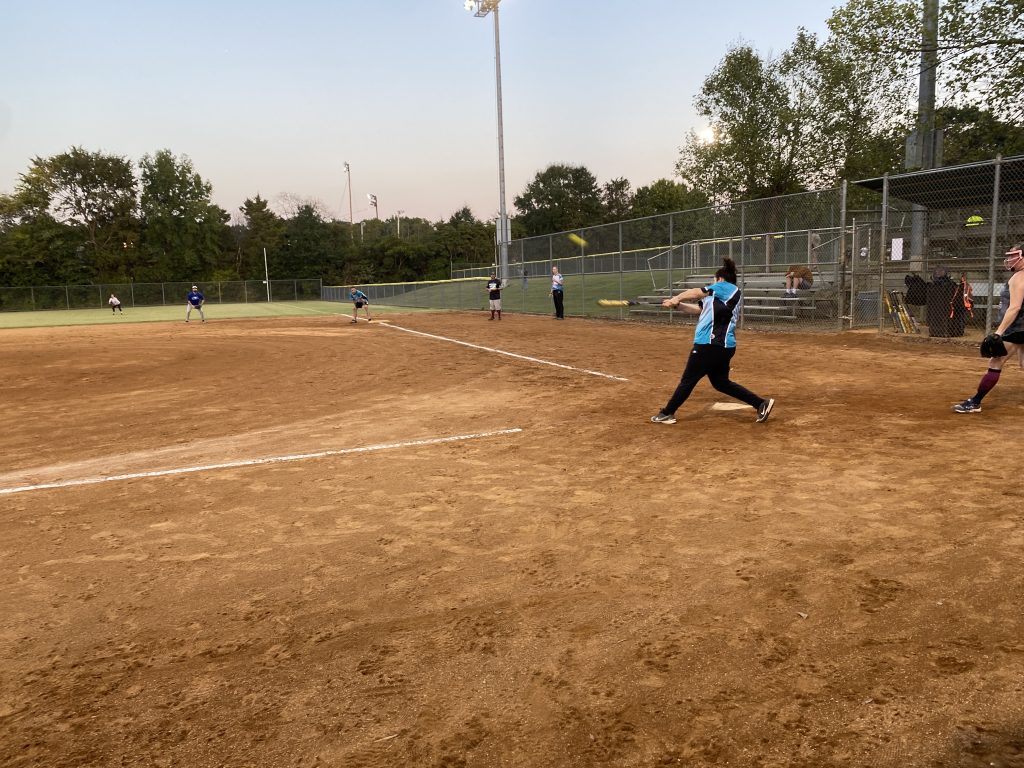 That hit was CRUSHED! Hail Mary first base player Anita demolishes this pitch.
